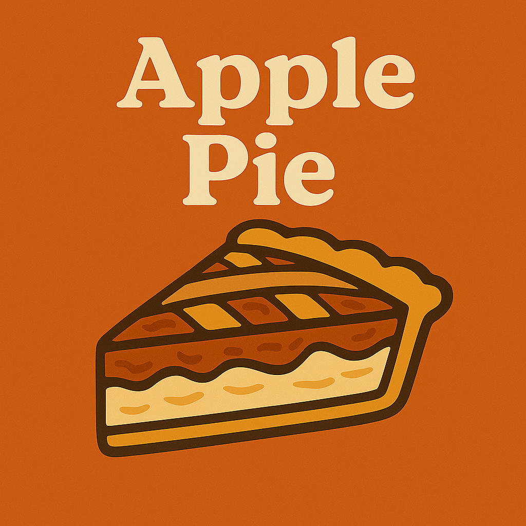 Placeholder image for Patty’s Apple Pie, featuring a retro-style slice of lattice-top apple pie on a warm autumn orange background with the text ‘Apple Pie.’