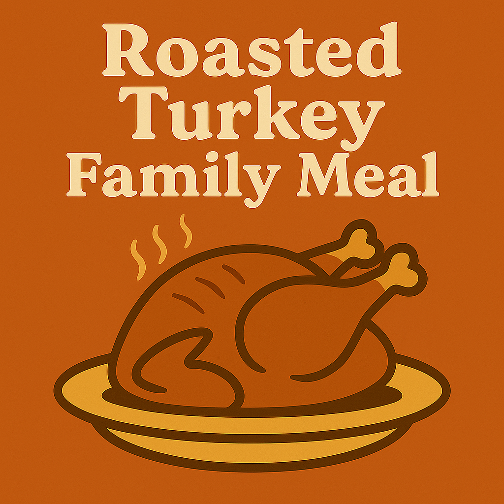 Vintage diner–style illustration of a roasted turkey on a platter with steam lines, labeled ‘Roasted Turkey Family Meal,’ in warm retro Patty’s Down the Road colors.