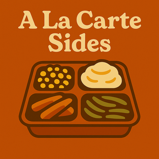 Vintage diner–style illustration of a divided tray with classic holiday sides—corn, mashed potatoes, carrots, and green beans—labeled ‘A La Carte Sides’ in retro cream lettering.