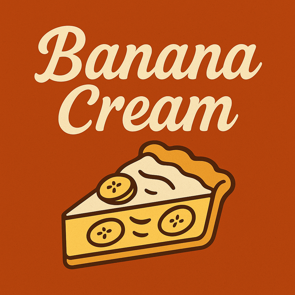 Thanksgiving-themed placeholder image for Patty’s Banana Cream Pie, featuring a retro-style banana illustration on a warm pumpkin-colored background with the text ‘Banana Cream Pie.