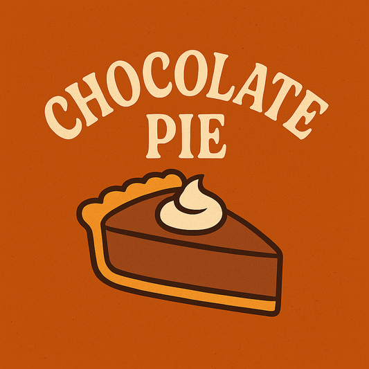 Thanksgiving-themed placeholder image for Patty’s Chocolate Pie, featuring a retro-style slice of chocolate pie with whipped topping on a warm pumpkin-colored background with the text ‘Chocolate Pie'