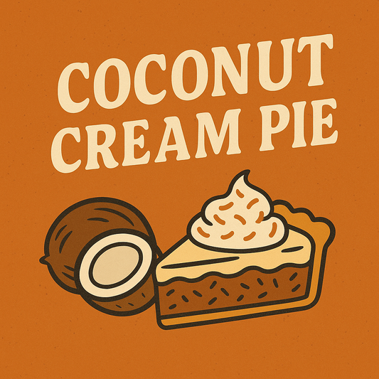 Thanksgiving-themed placeholder image for Patty’s Coconut Cream Pie, featuring a retro-style coconut illustration and a slice of coconut cream pie with meringue on a warm autumn orange background with the text ‘Coconut Cream Pie.’