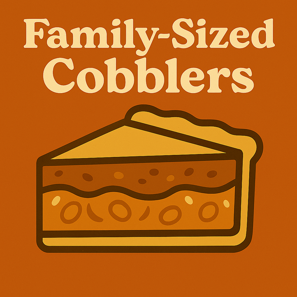 Vintage diner–style illustration of a square slice of cobbler with golden crust and bubbling fruit filling, labeled ‘Family-Sized Cobblers’ in cream retro lettering.