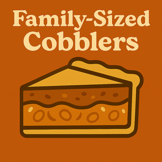 Vintage diner–style illustration of a square slice of cobbler with golden crust and bubbling fruit filling, labeled ‘Family-Sized Cobblers’ in cream retro lettering.