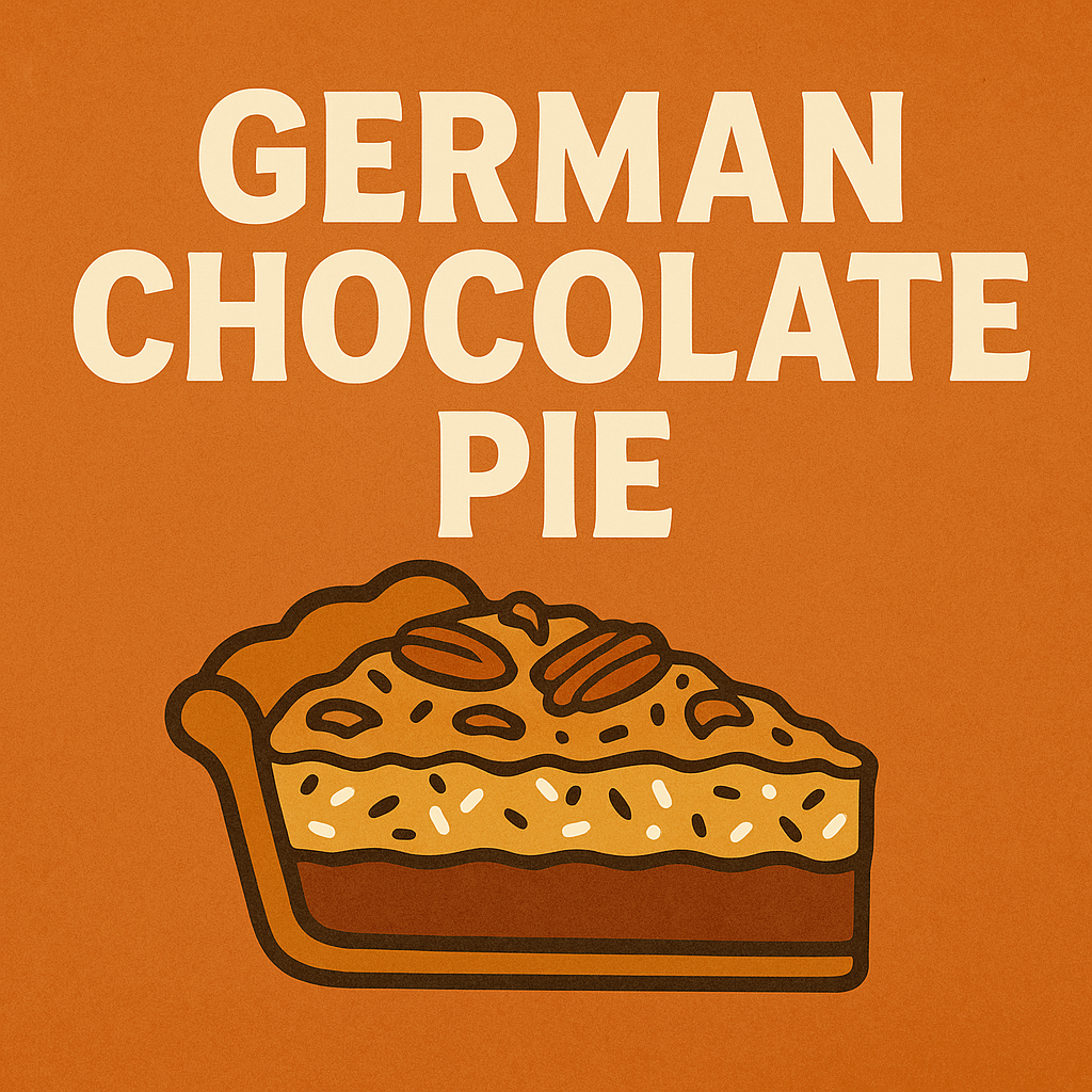 Placeholder image for Patty’s German Chocolate Pie, featuring a retro-style slice of German chocolate pie with a caramel–coconut–pecan topping on an autumn orange background with the text ‘German Chocolate Pie.’