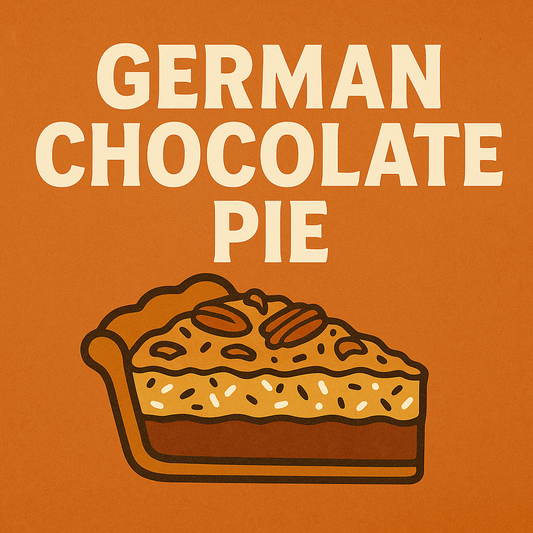 Placeholder image for Patty’s German Chocolate Pie, featuring a retro-style slice of German chocolate pie with a caramel–coconut–pecan topping on an autumn orange background with the text ‘German Chocolate Pie.’