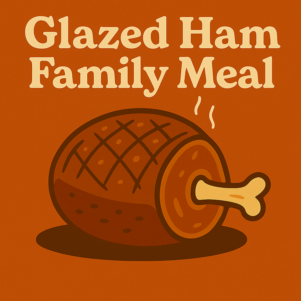 Vintage diner–style illustration of a glazed holiday ham with decorative slices, labeled ‘Glazed Ham Family Meal,’ in warm retro Patty’s Down the Road colors.