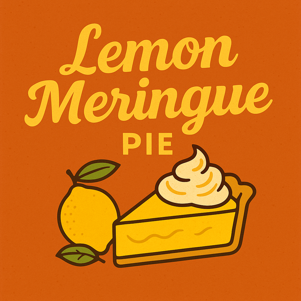 Thanksgiving-themed placeholder image for Patty’s Lemon Meringue Pie, featuring a retro-style lemon illustration and a slice of lemon meringue pie with a tall toasted meringue swirl on a warm autumn orange background with the text ‘Lemon Meringue Pie.’