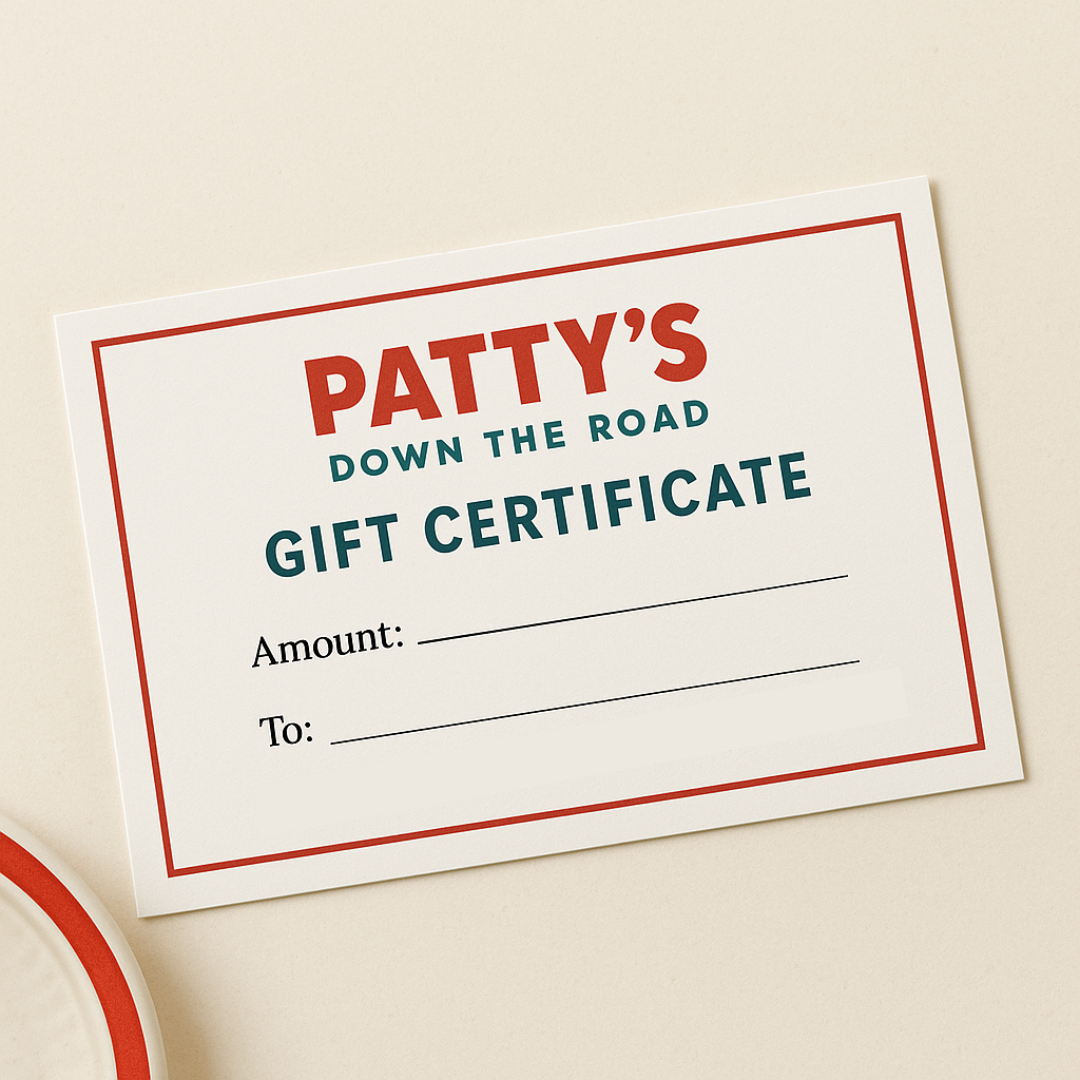 Patty’s Down the Road digital gift certificate on a cream background with red and teal accents.