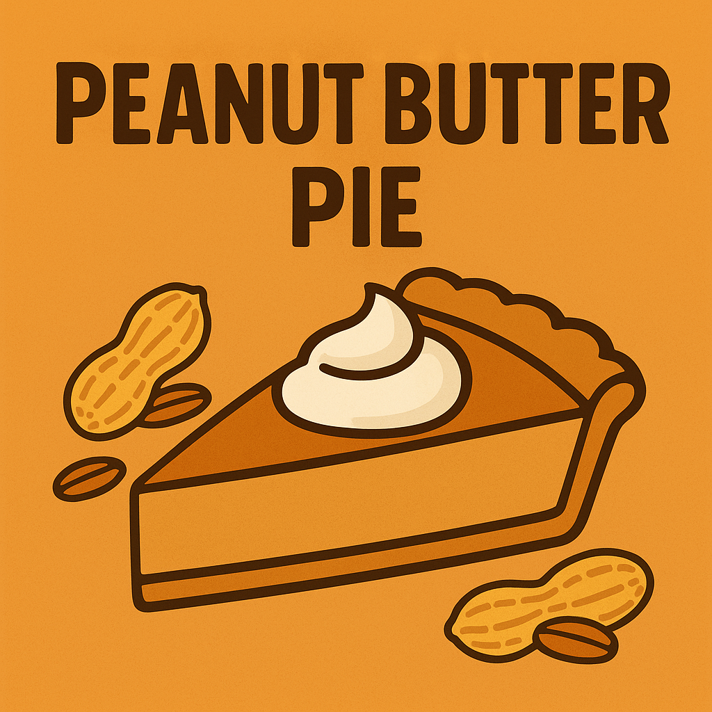 Placeholder image for Patty’s Peanut Butter Pie, featuring a retro-style slice of peanut butter pie with whipped topping and illustrated peanuts on an autumn orange background with the text ‘Peanut Butter Pie.