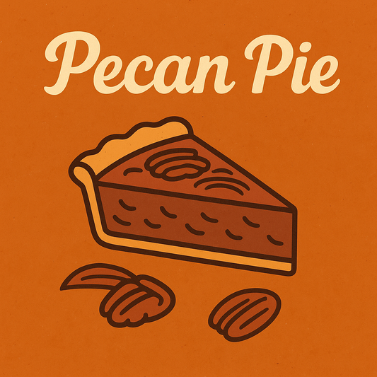 Thanksgiving-themed placeholder image for Patty’s Pecan Pie, featuring a retro-style pecan pie slice and whole pecans on a warm autumn orange background with the text ‘Pecan Pie.’