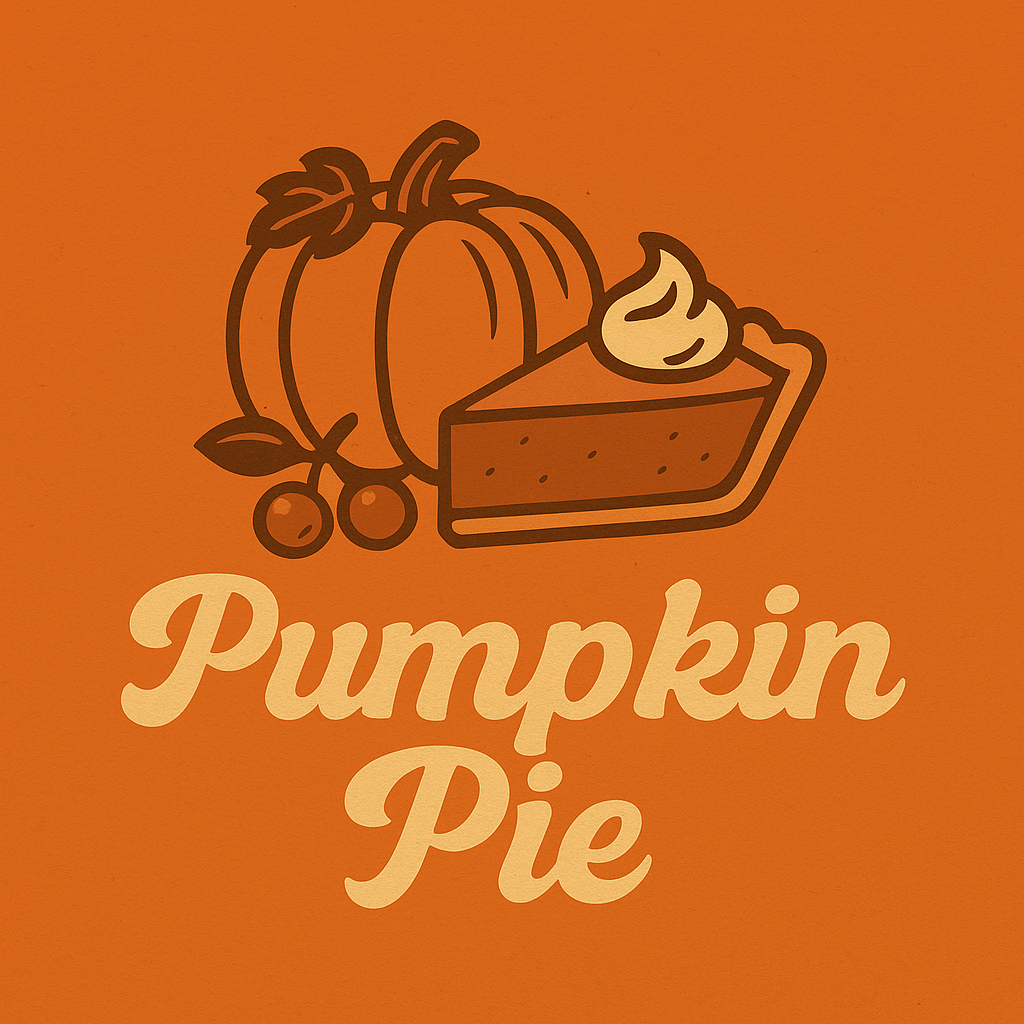 Thanksgiving-themed placeholder image for Patty’s Pumpkin Pie, featuring a retro-style pumpkin and a slice of pumpkin pie with whipped topping on a warm autumn orange background with the text ‘Pumpkin Pie.’