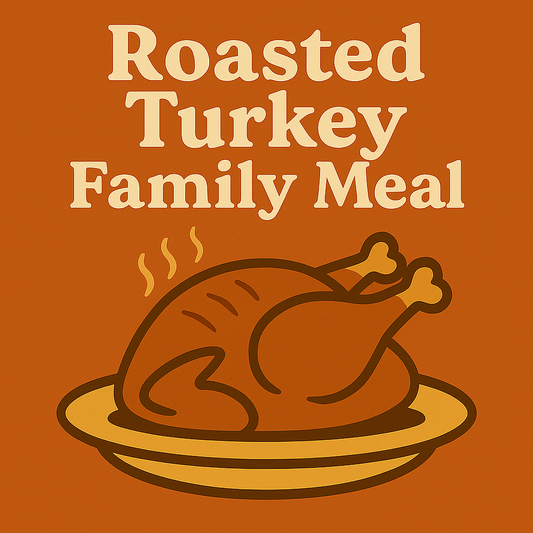 Vintage diner–style illustration of a roasted turkey on a platter with steam lines, labeled ‘Roasted Turkey Family Meal,’ in warm retro Patty’s Down the Road colors.